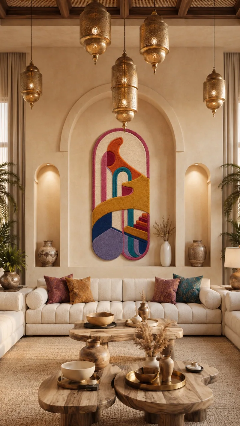 Salon marocain chaleureux avec une composition d’arches au mur