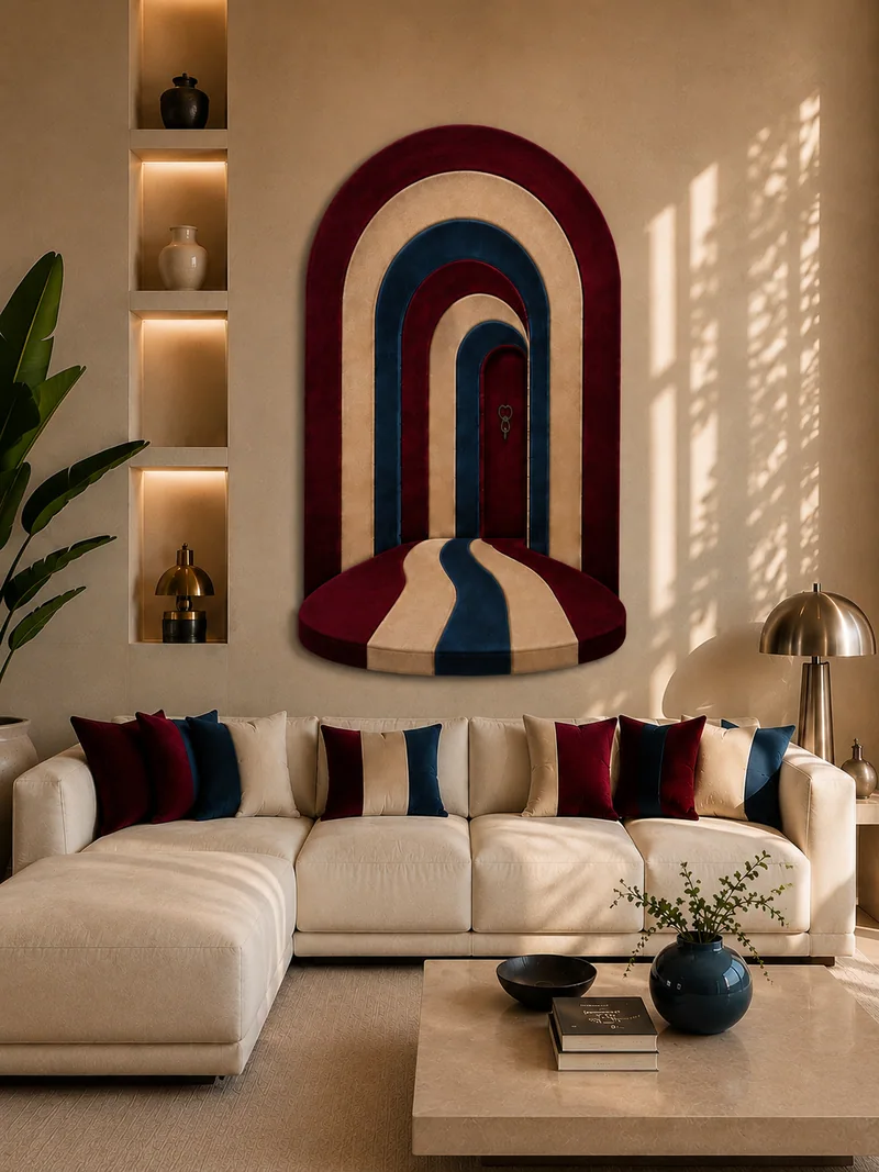 Composition murale d’arches textiles dans un intérieur aux tons crème