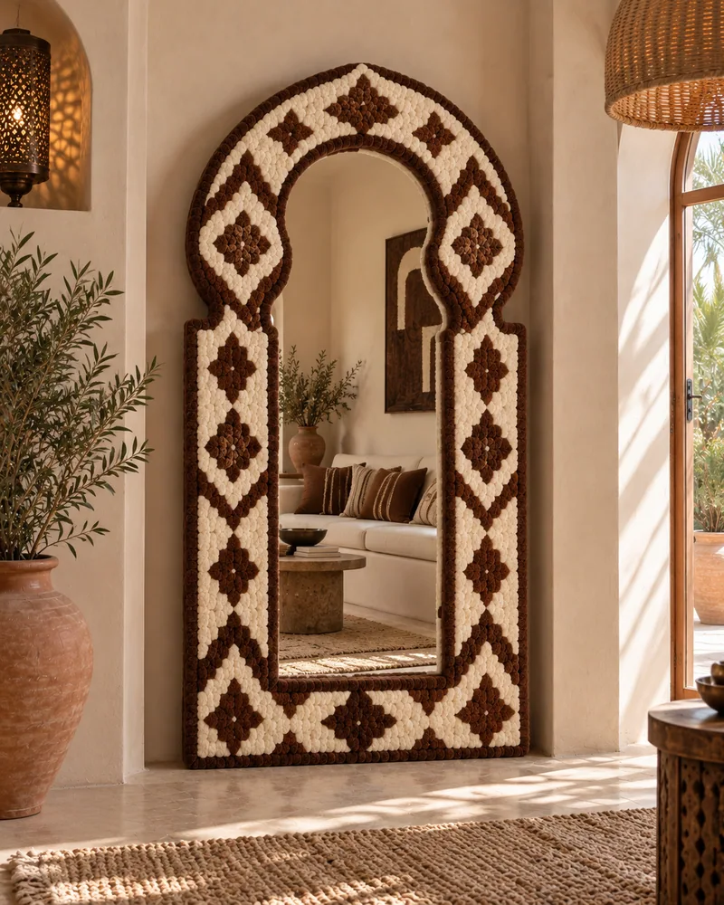 Miroir en arche avec encadrement textile dans un salon marocain minimaliste
