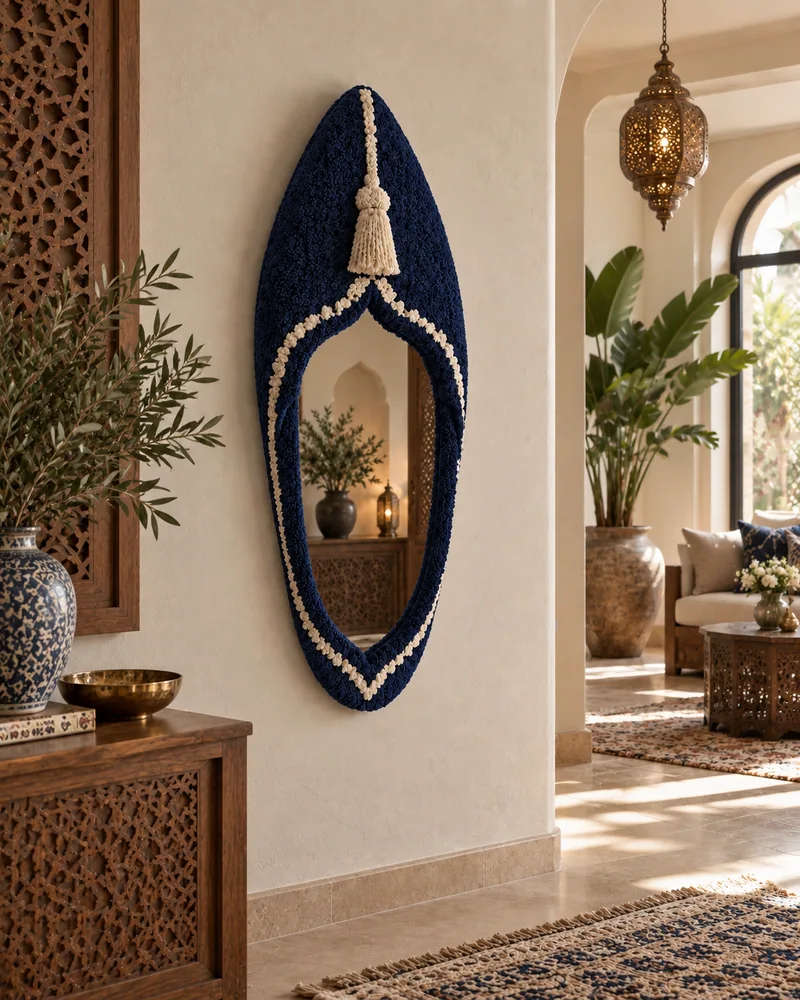 Miroir pointu inspiré de la babouche, bordé de textile bleu marine