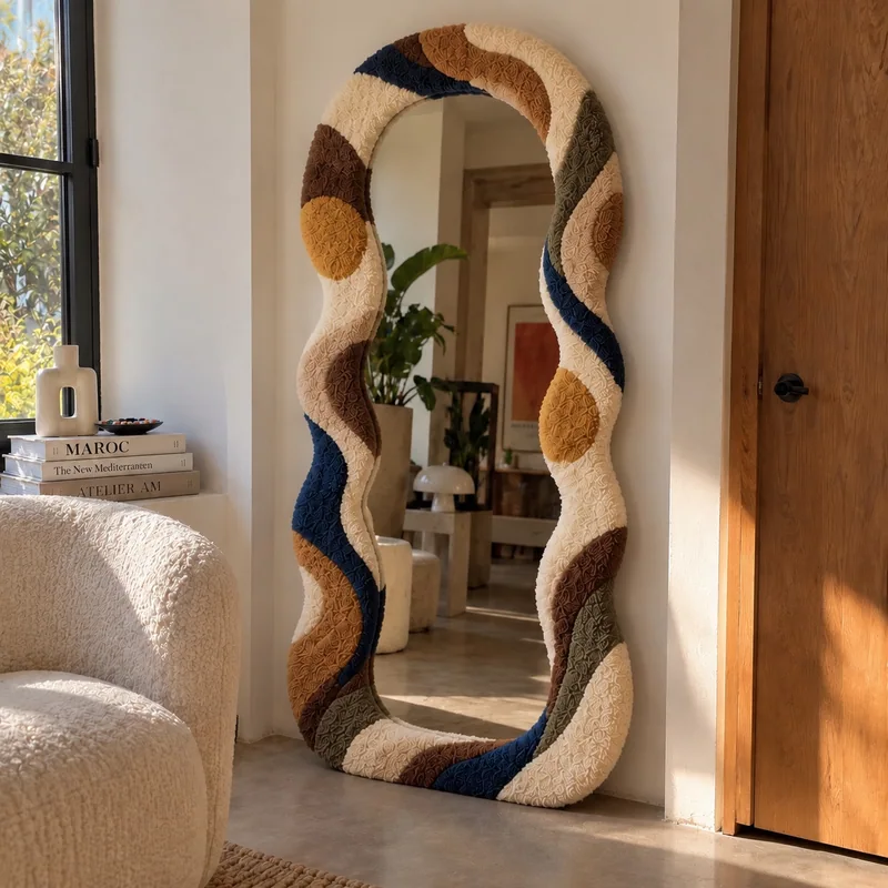 Miroir ondulant bleu marine, crème et ocre dans un intérieur chaleureux