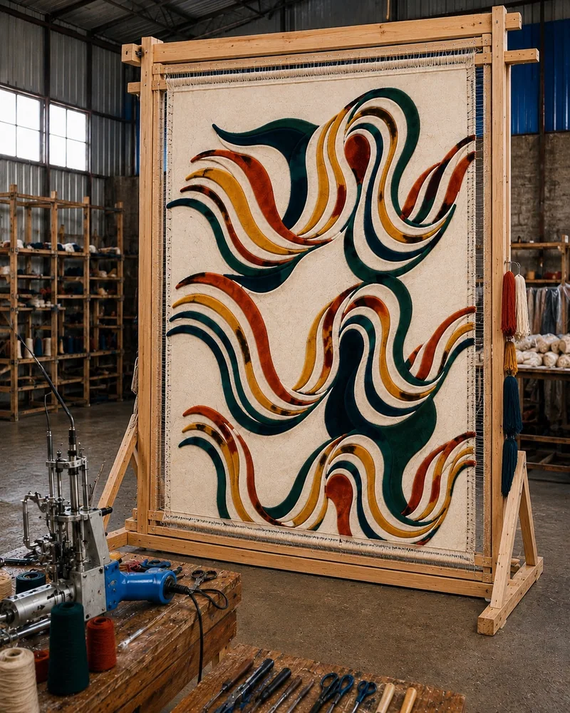 Tapis abstrait crème, orange et bleu, présenté sur un cadre de travail