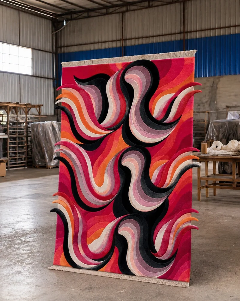 Tapis sculptural abstrait aux couleurs rose, orange et terre