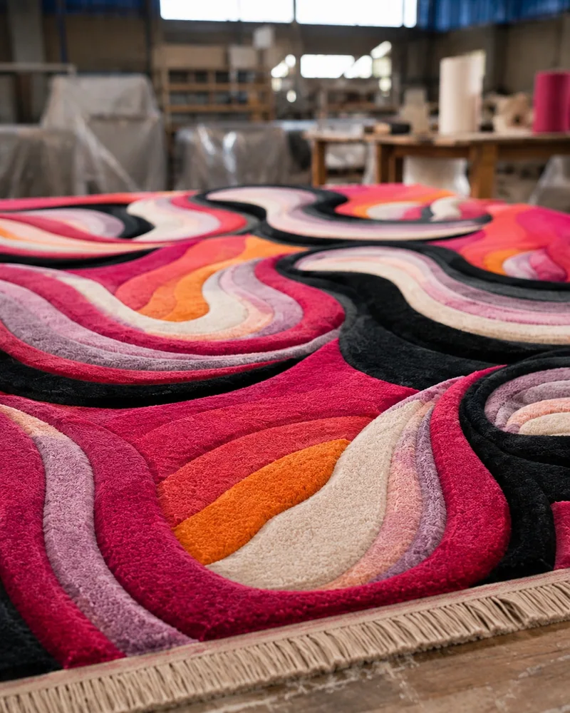 Détail des fibres et des reliefs sculptés d’un tapis rose et orange